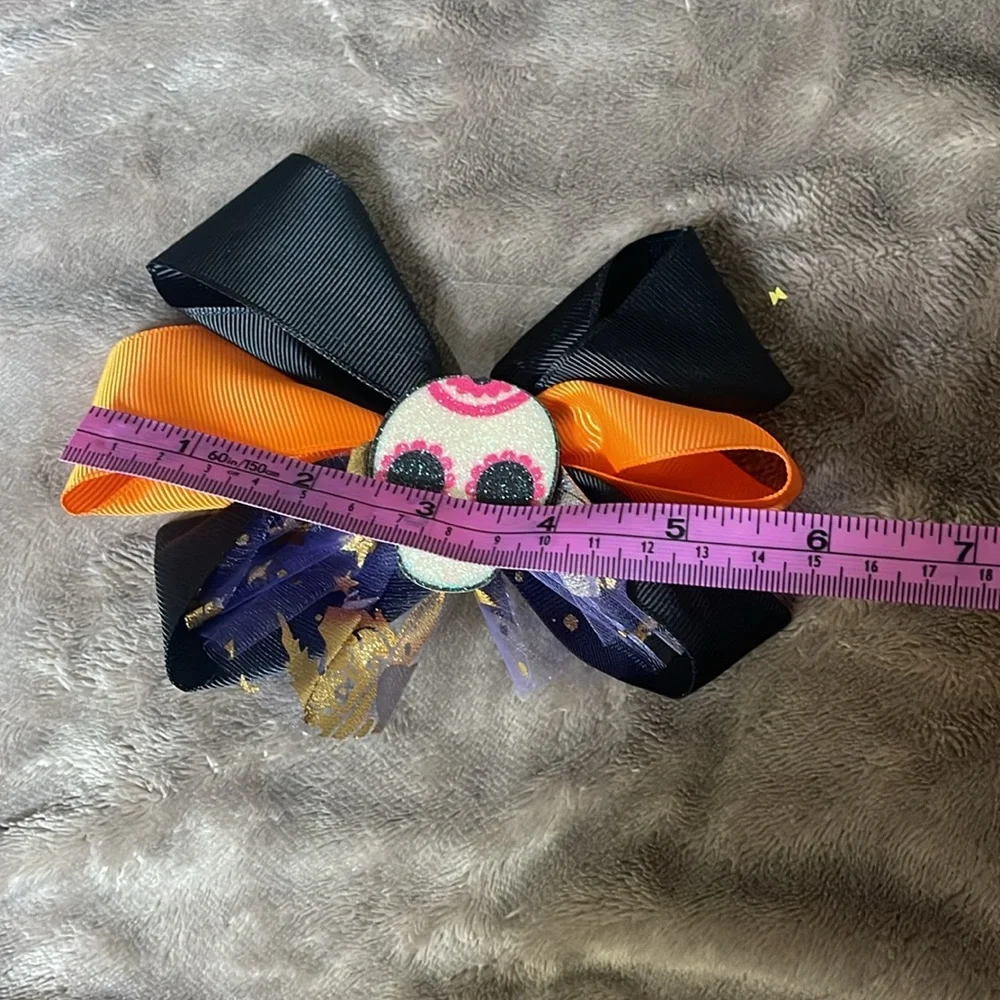Black and Orange Skull Hair Bow Halloween glitter tulle nwt